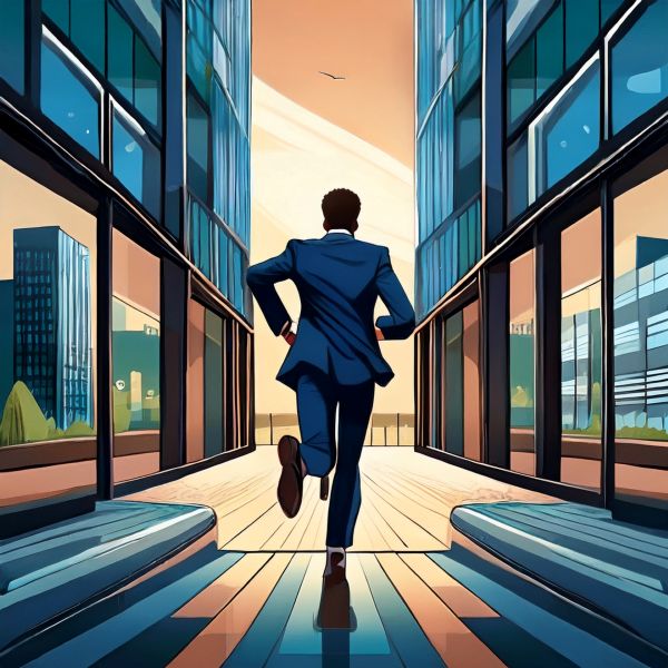 逃げるように会社の建物から出る男性