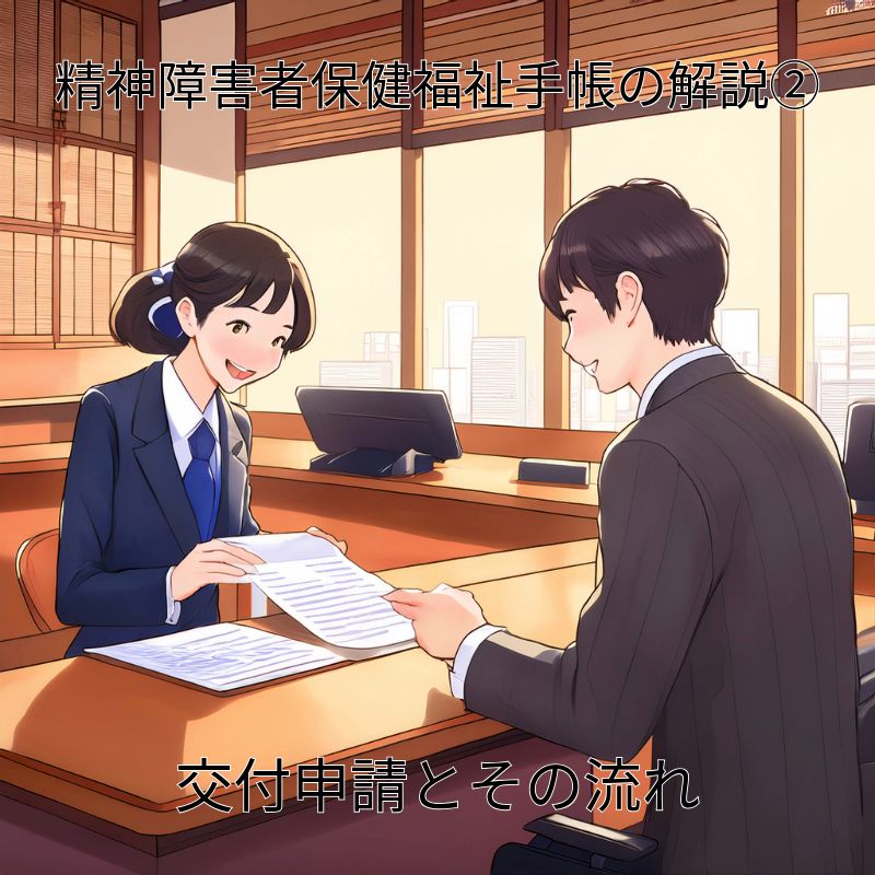 アイキャッチ画像 【初めての人向け】精神障害者保健福祉手帳の解説②―交付申請とその流れ 役所の窓口で申請書類を提出する男性と書類を受け取る女性の様子